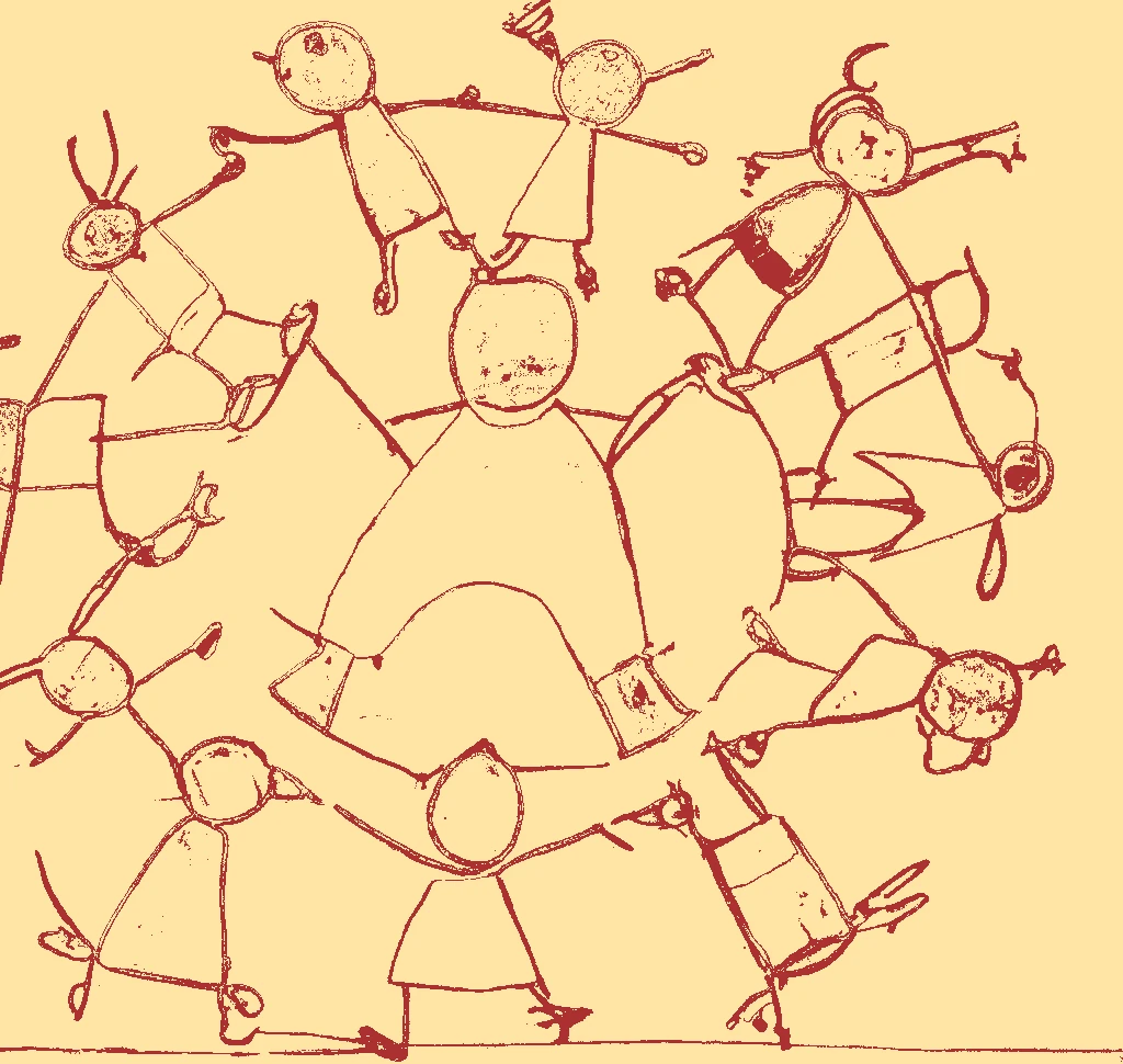 Kinderzeichnung: Im Kreis tanzende Kinder